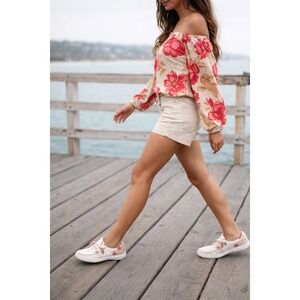 Hey Dude Wendy Chambray Boho Women 9 Slip On Shoes Natural Beige/Pink Preppy Art